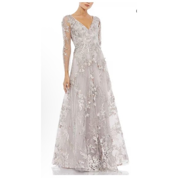 NWT $798 Mac Duggal 20245 Appliqued Illusion Long Sleeve A...
